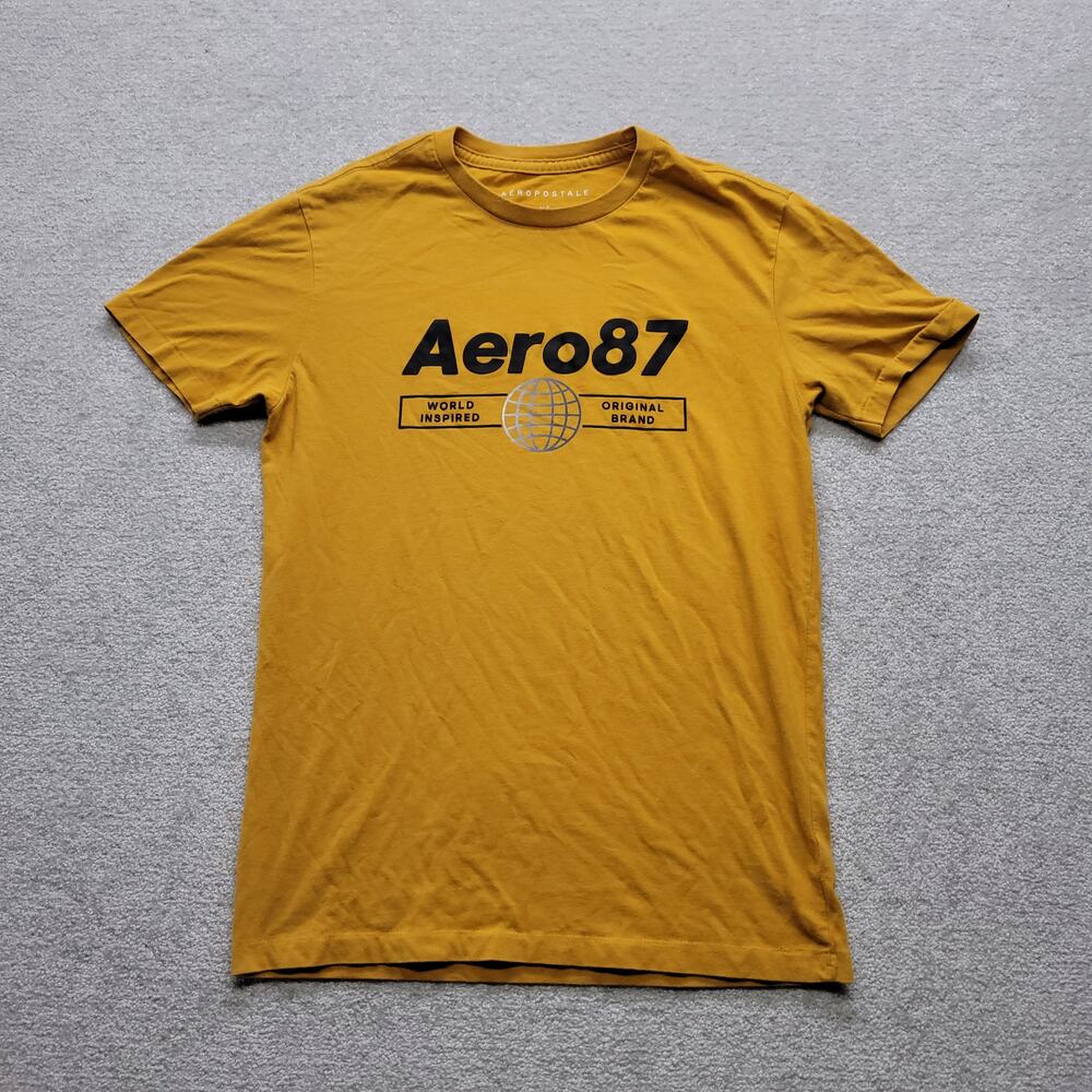 Aeropostale Aero87 Mens XS Mustard Yellow Graphic T Shirt Logo Tee
